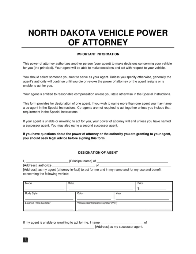 North Dakota Motor Vehicle Power of Attorney Form