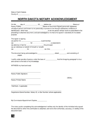 North Dakota Notary Acknowledgment Form