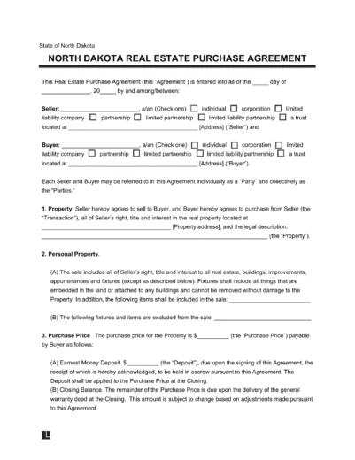 North Dakota Residential Purchase Agreement Template