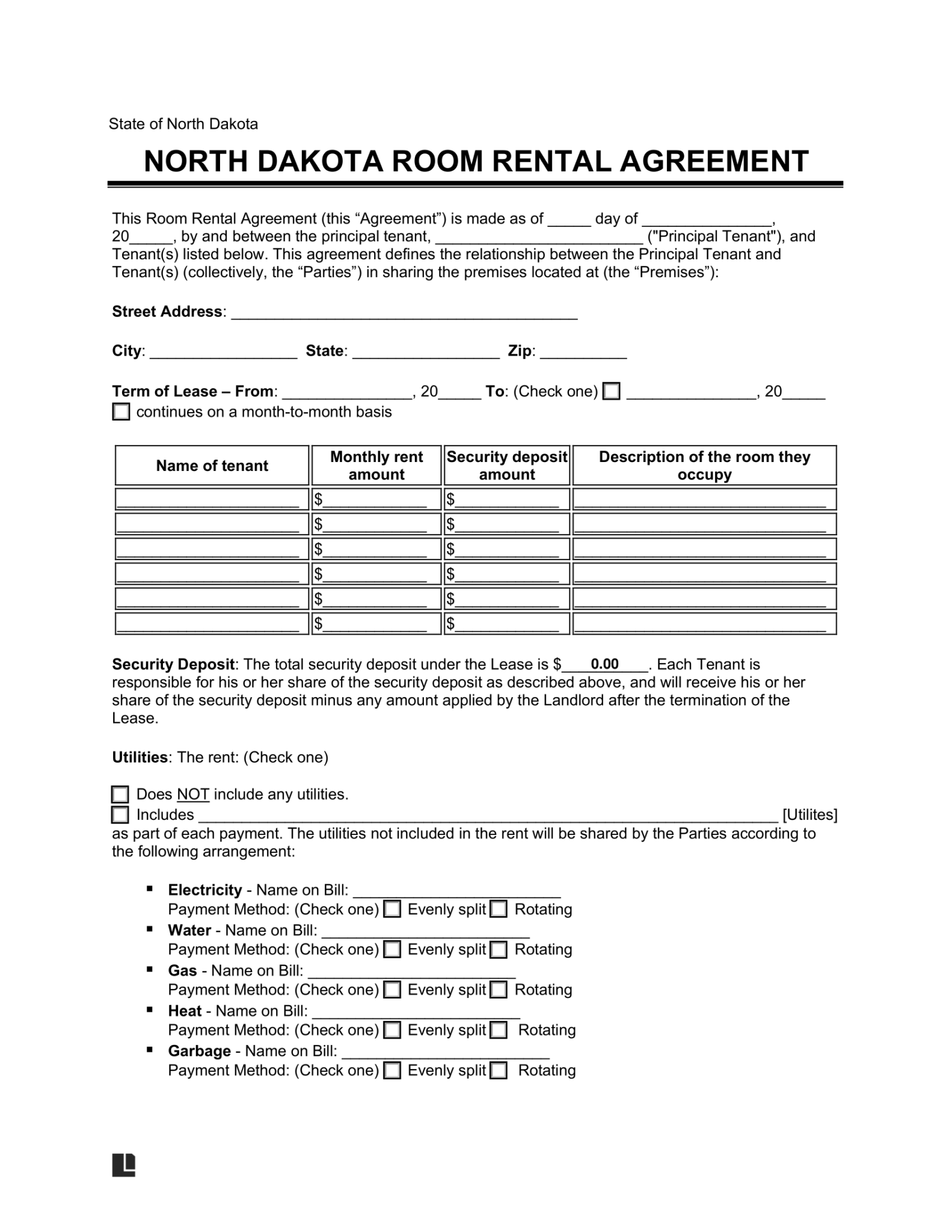 Free North Dakota Room Rental Agreement Template PDF & Word