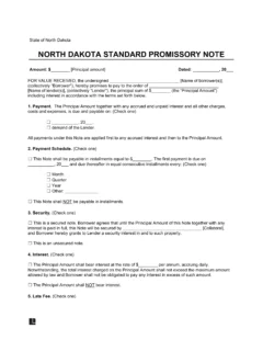 North Dakota Standard Promissory Note Template
