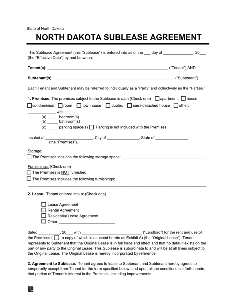 North Dakota Sublease Agreement Template