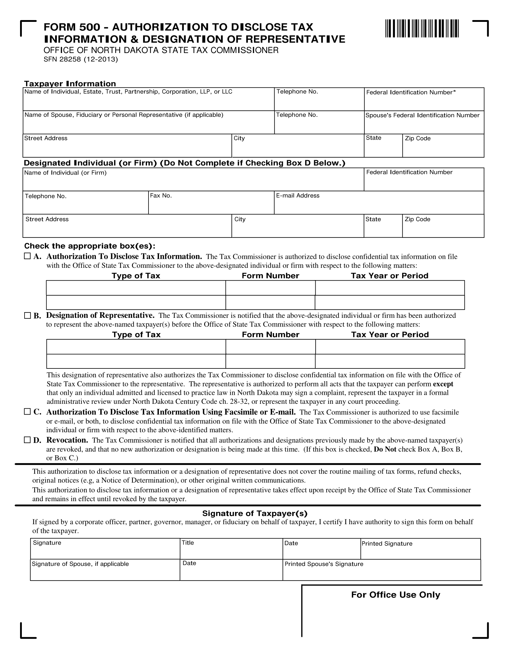 North Dakota Tax Power of Attorney (Form 500)