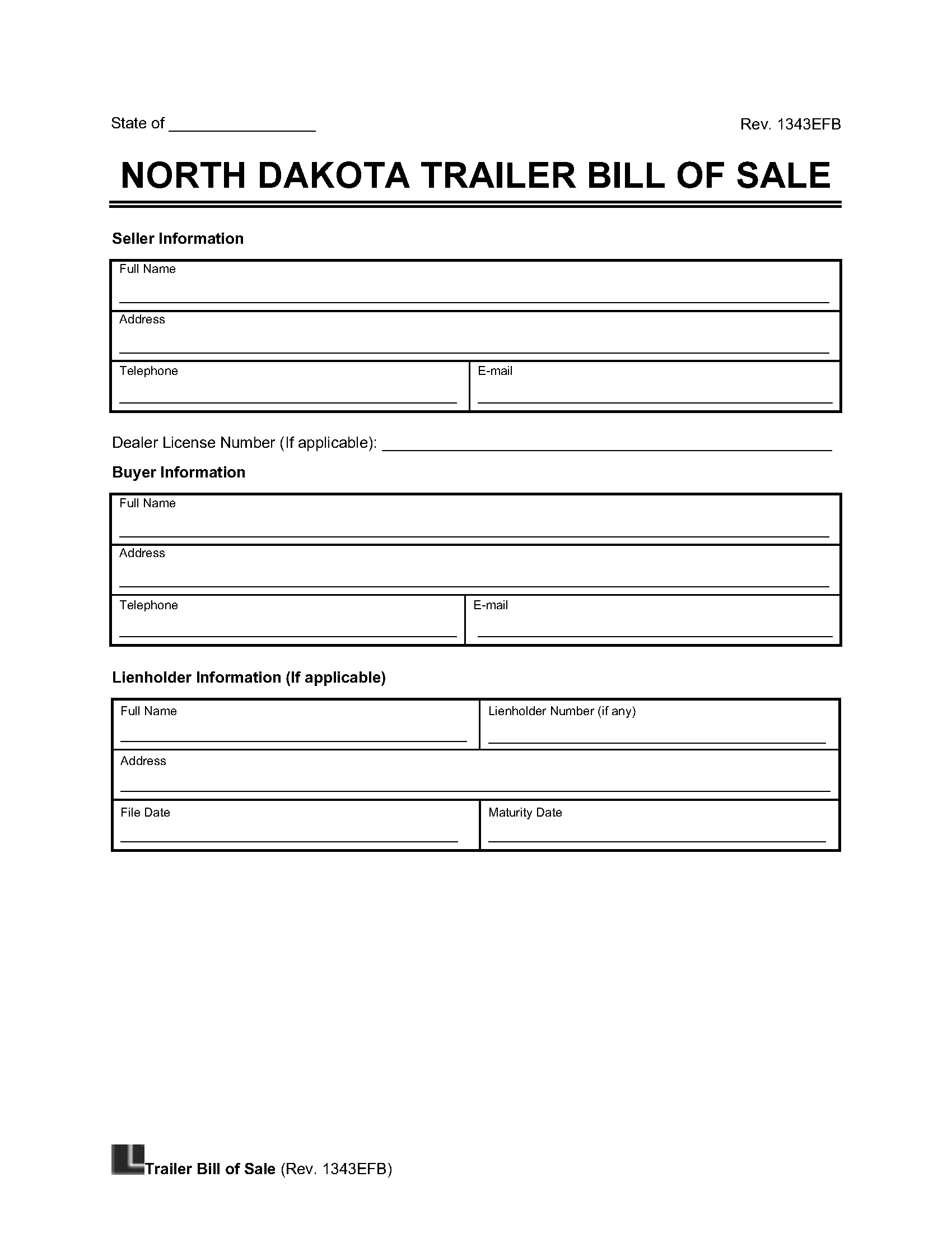 North Dakota Trailer Bill of Sale screenshot