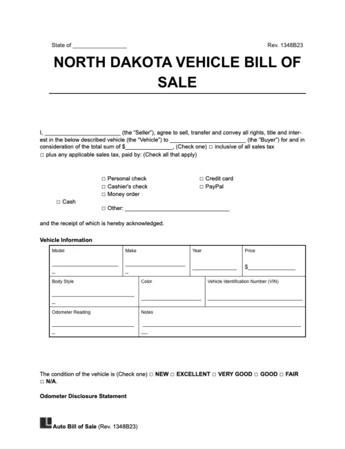 North Dakota vehicle bill of sale