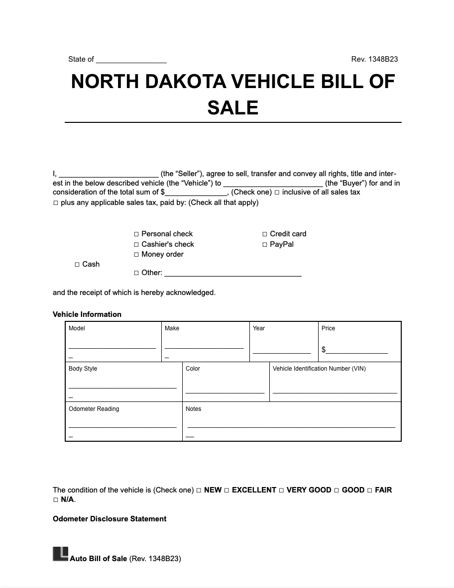 North Dakota vehicle bill of sale