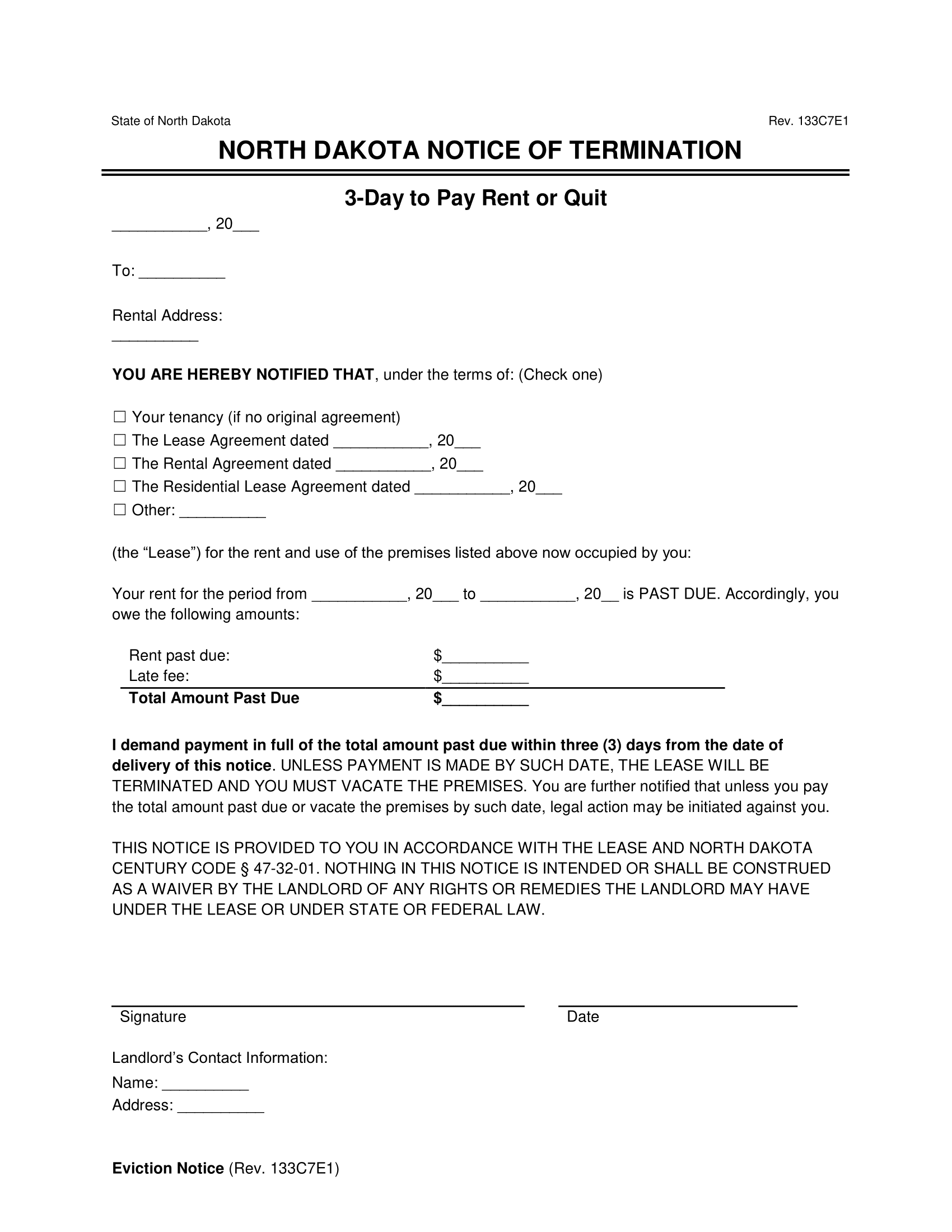 North Dakota 3-Day Notice to Quit | Non-Payment of Rent