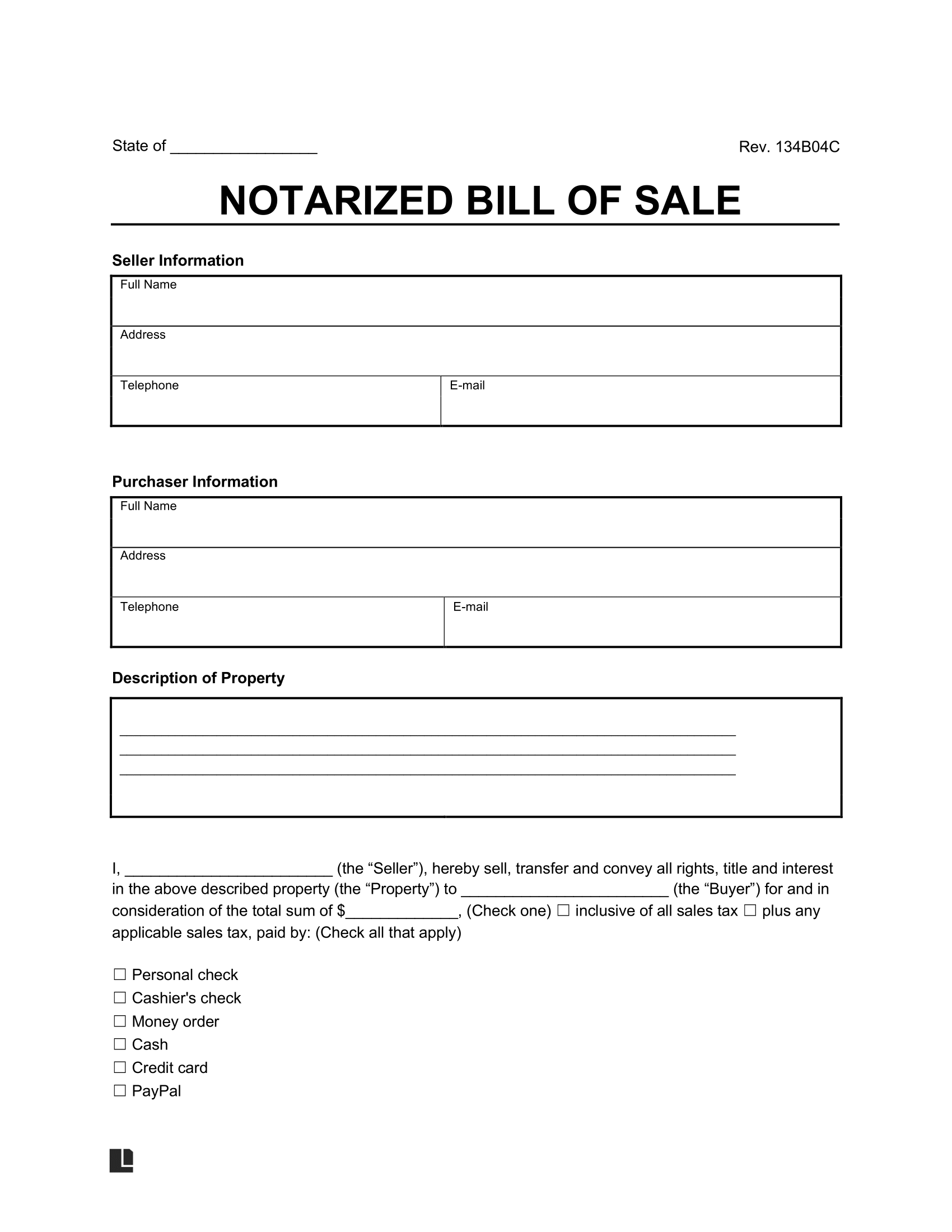 Notarized Bill of Sale screenshot