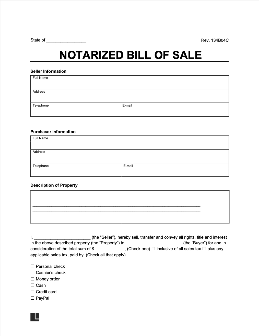 Notarized Bill of Sale screenshot