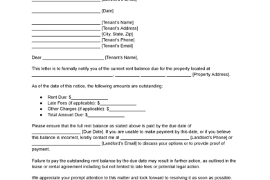 Notice of Current Rent Balance Letter