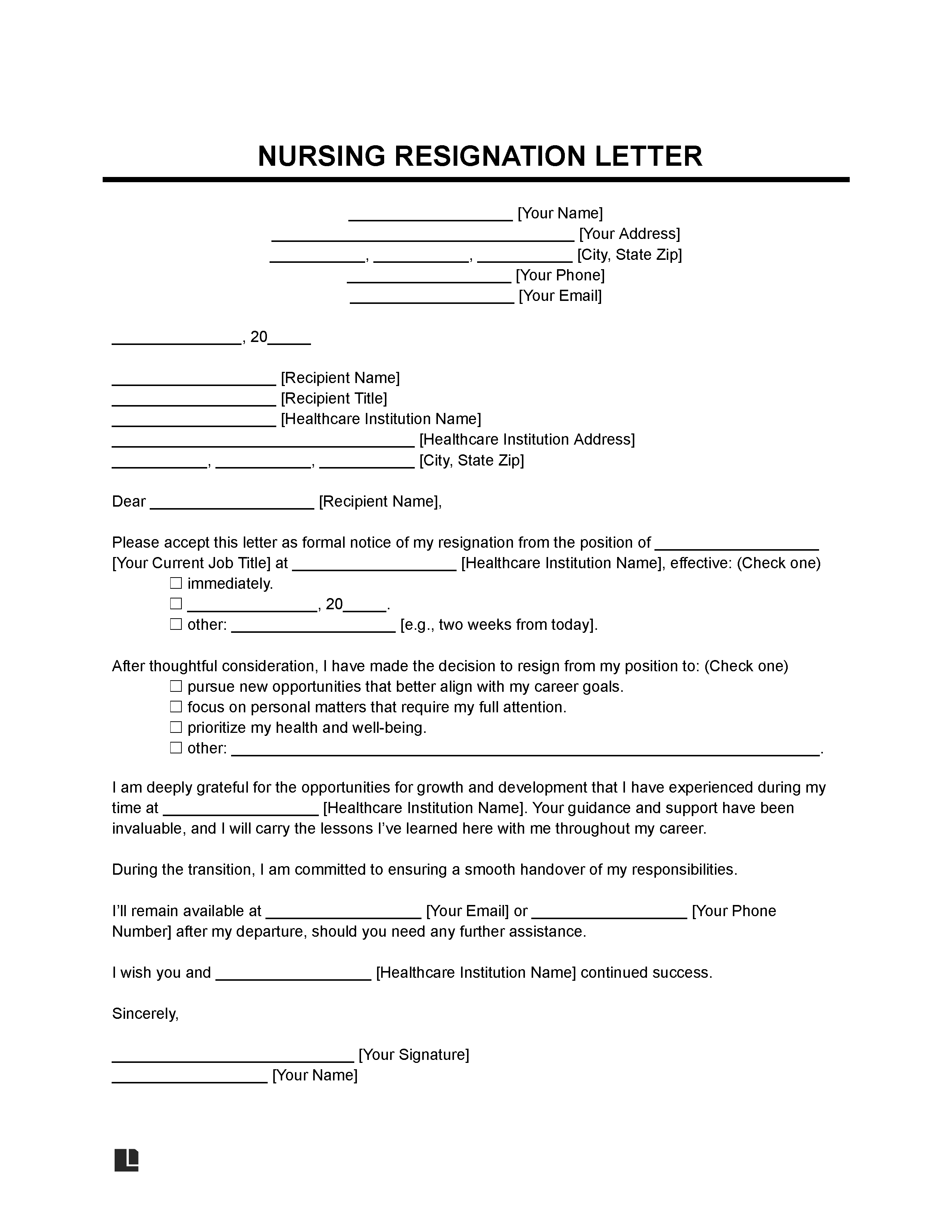 Nursing Resignation Letter Template