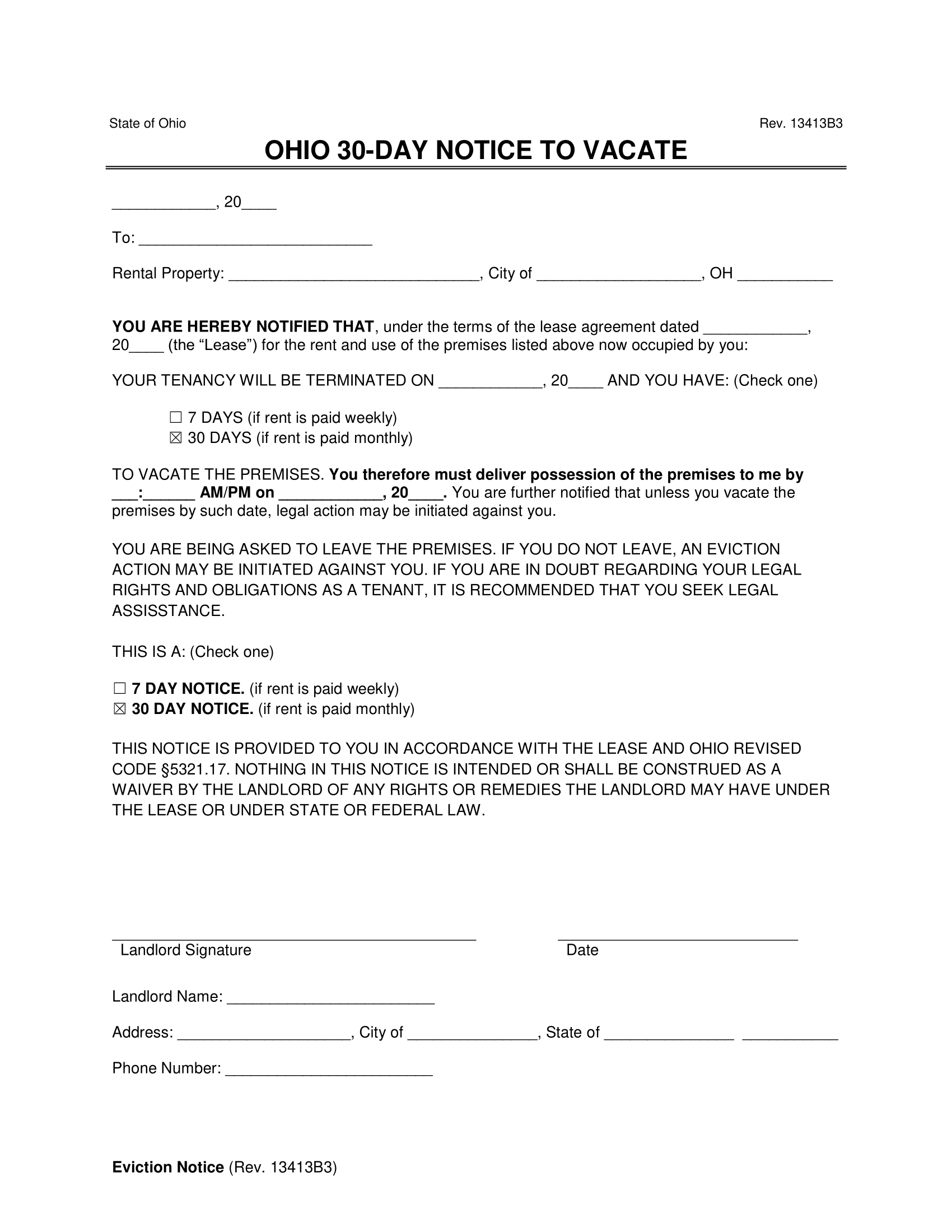 Ohio 30-Day Lease Termination Letter