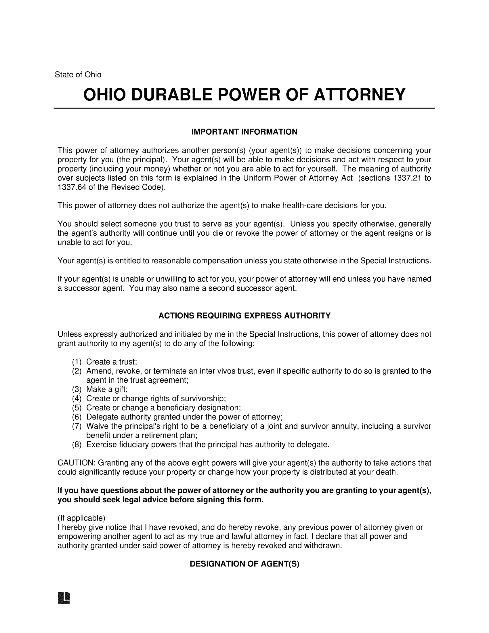 Ohio Durable Statutory Power of Attorney Form