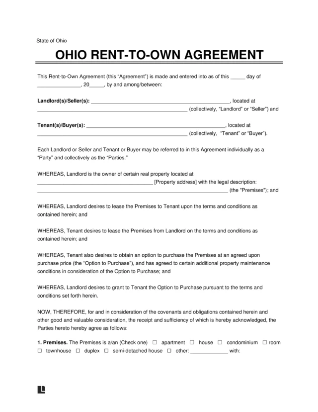 Ohio Lease-to-Own Option to Purchase Agreement