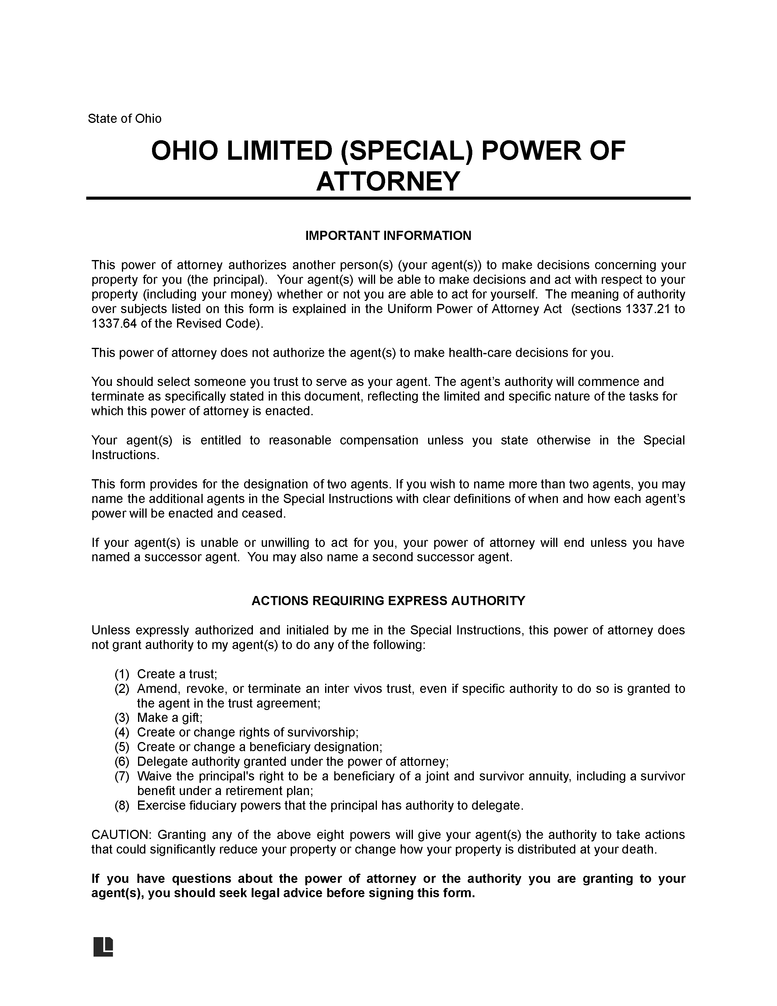 Ohio Limited Power of Attorney Template