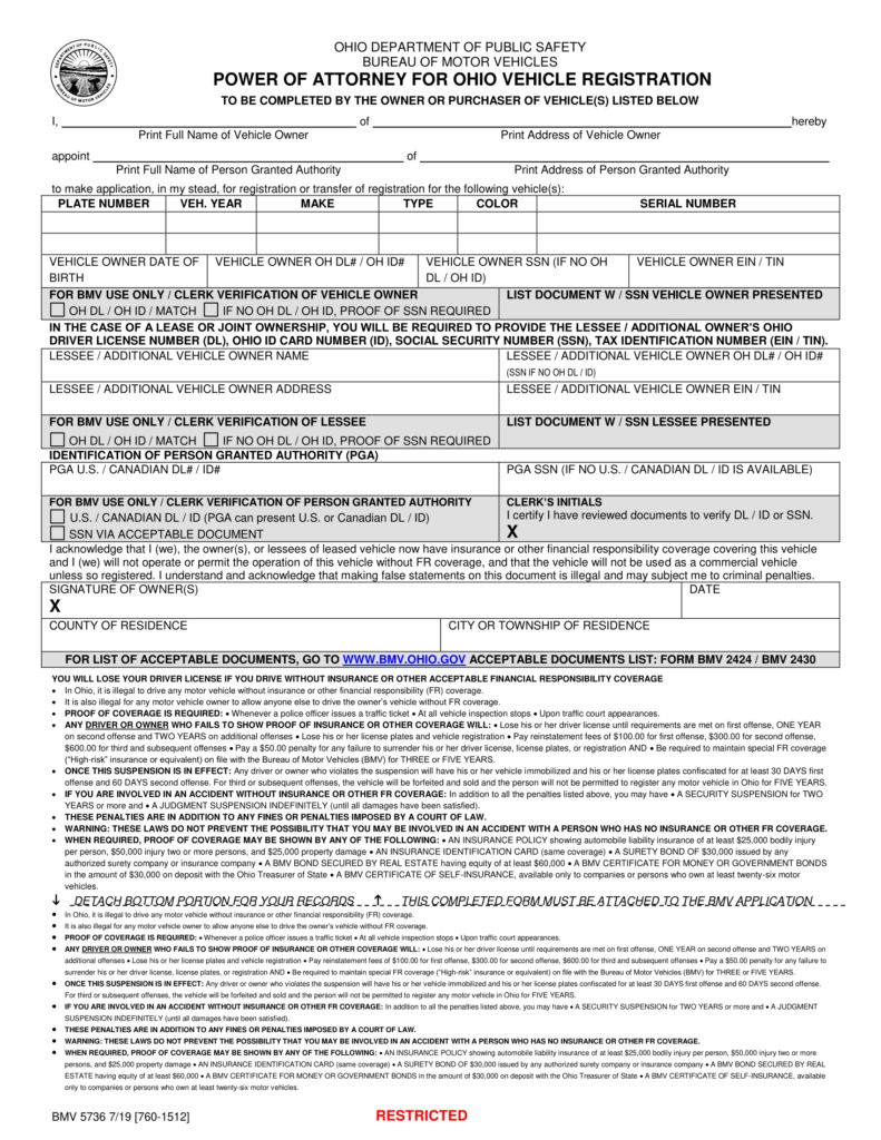 Free Ohio Motor Vehicle Power of Attorney | Form BMV 3771 | PDF Download