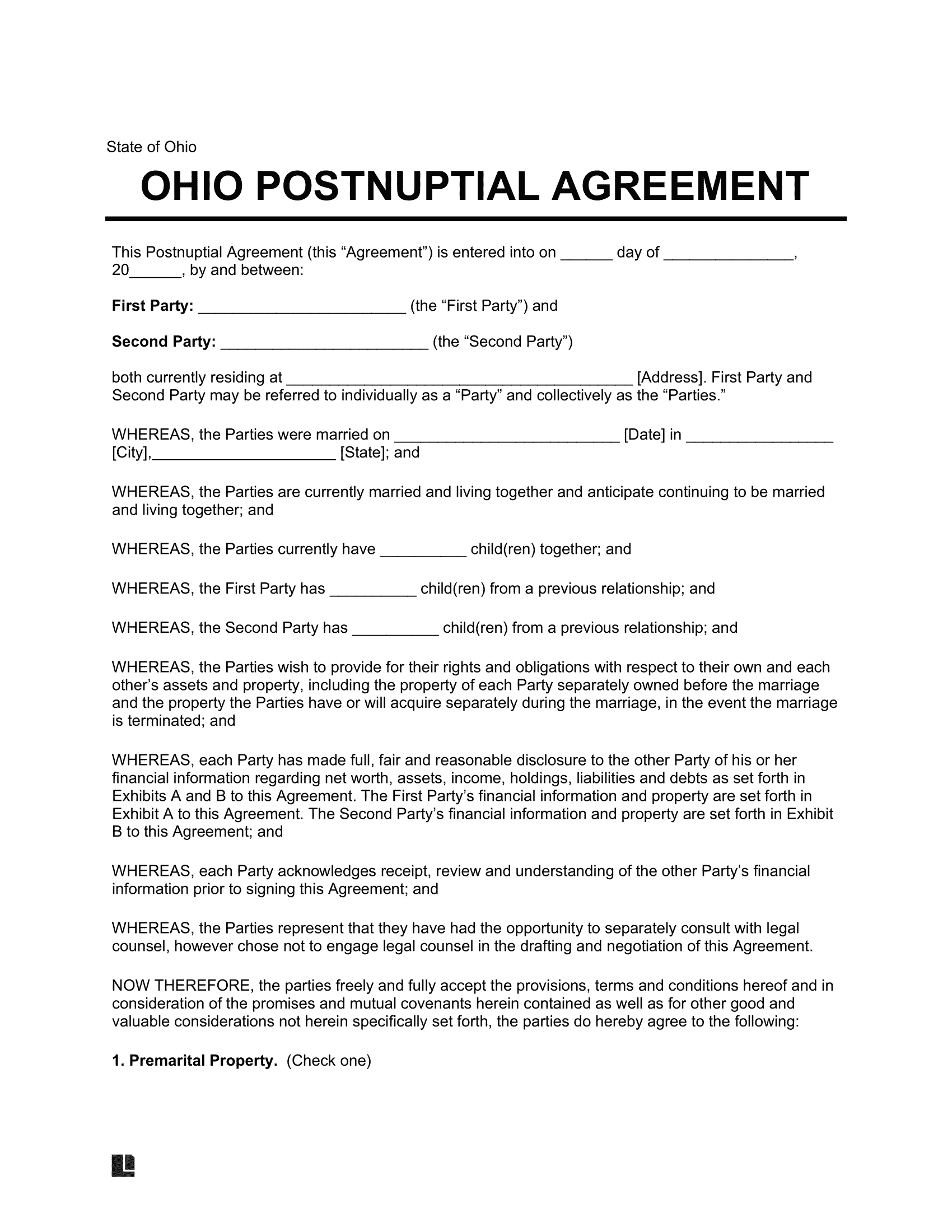 Ohio Postnuptial Agreement Template
