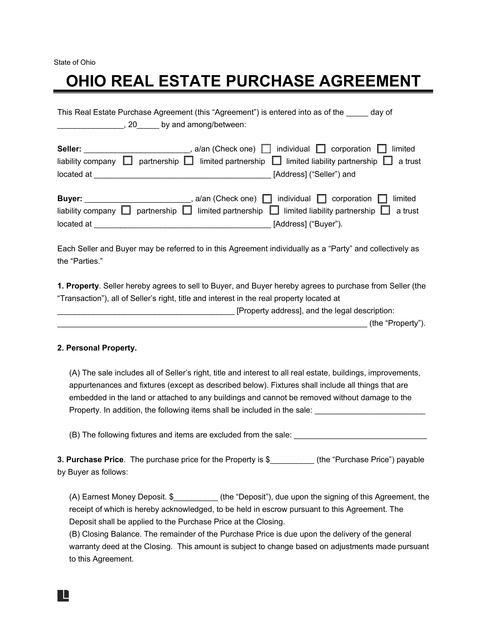 Ohio Residential Purchase Agreement Template