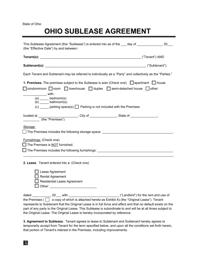 Ohio Sublease Agreement Template
