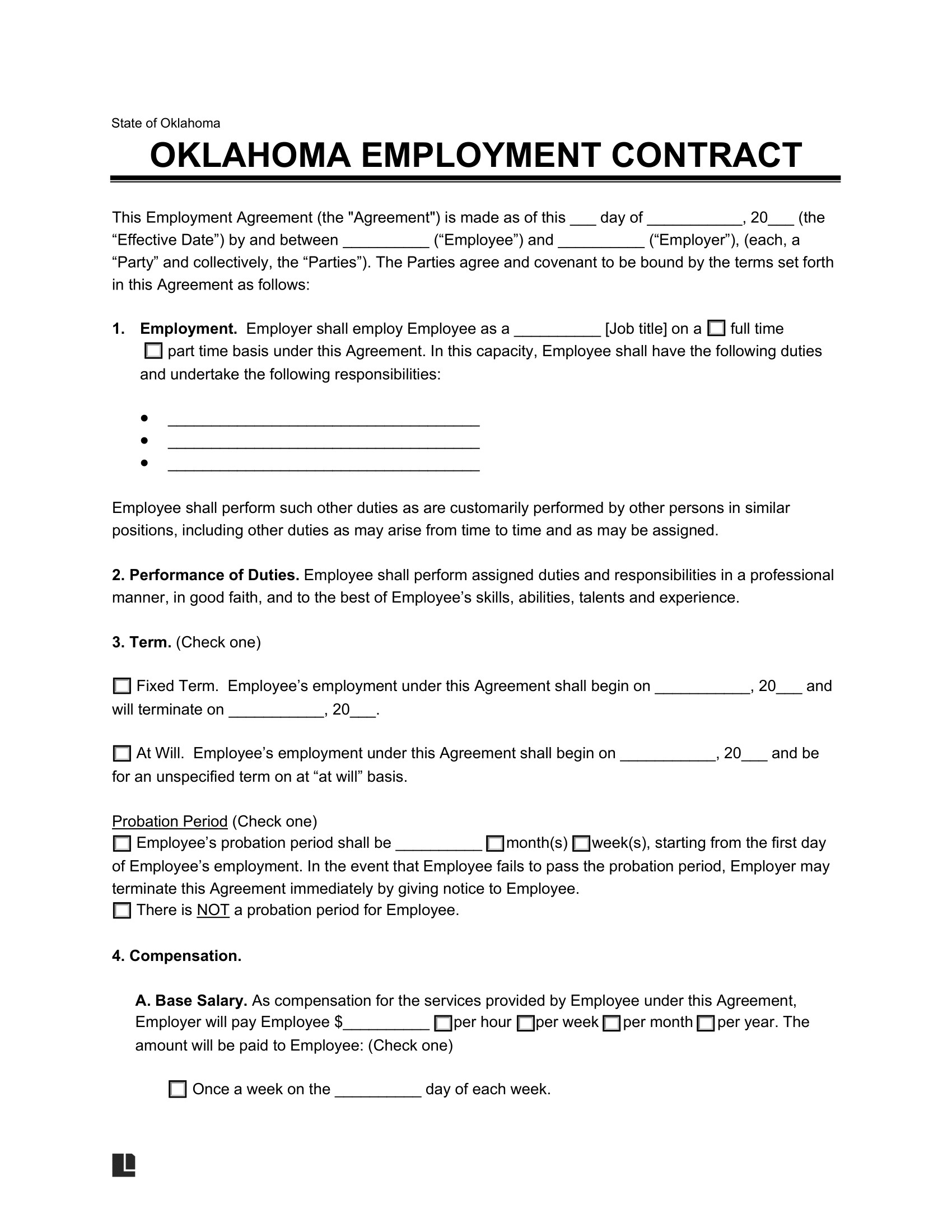 Oklahoma Employment Contract Template