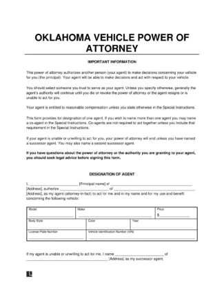 Oklahoma Motor Vehicle Power of Attorney Form