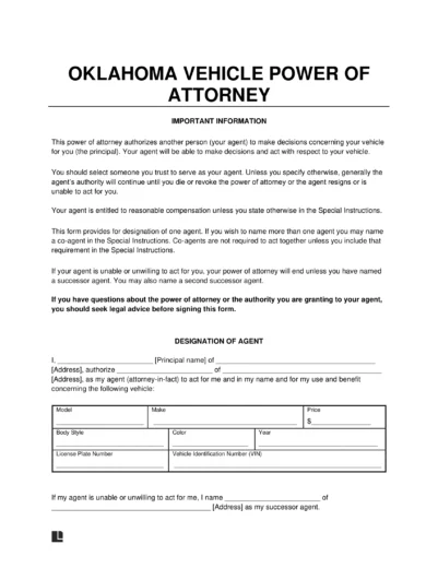 Oklahoma Motor Vehicle Power of Attorney Form