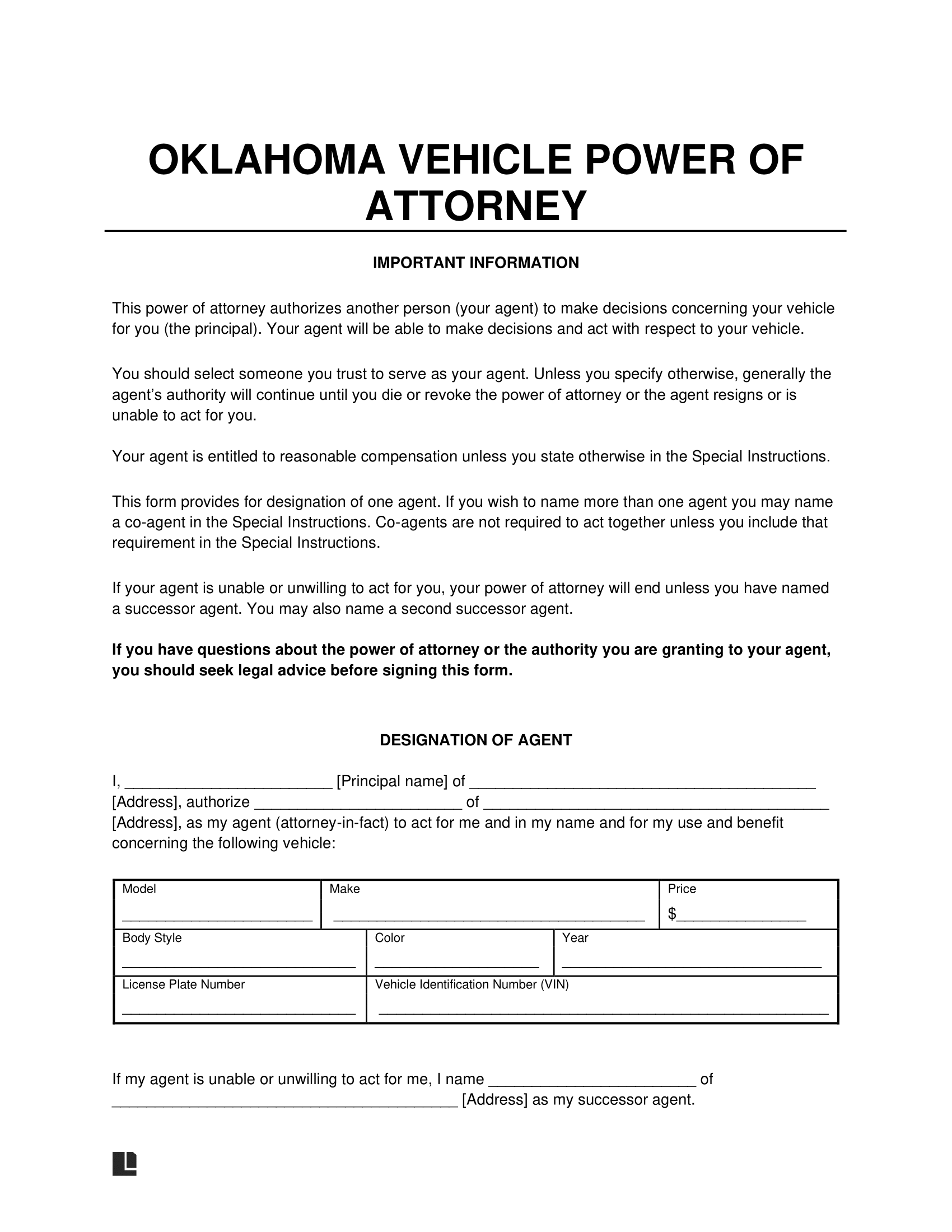 Oklahoma Motor Vehicle Power of Attorney Form