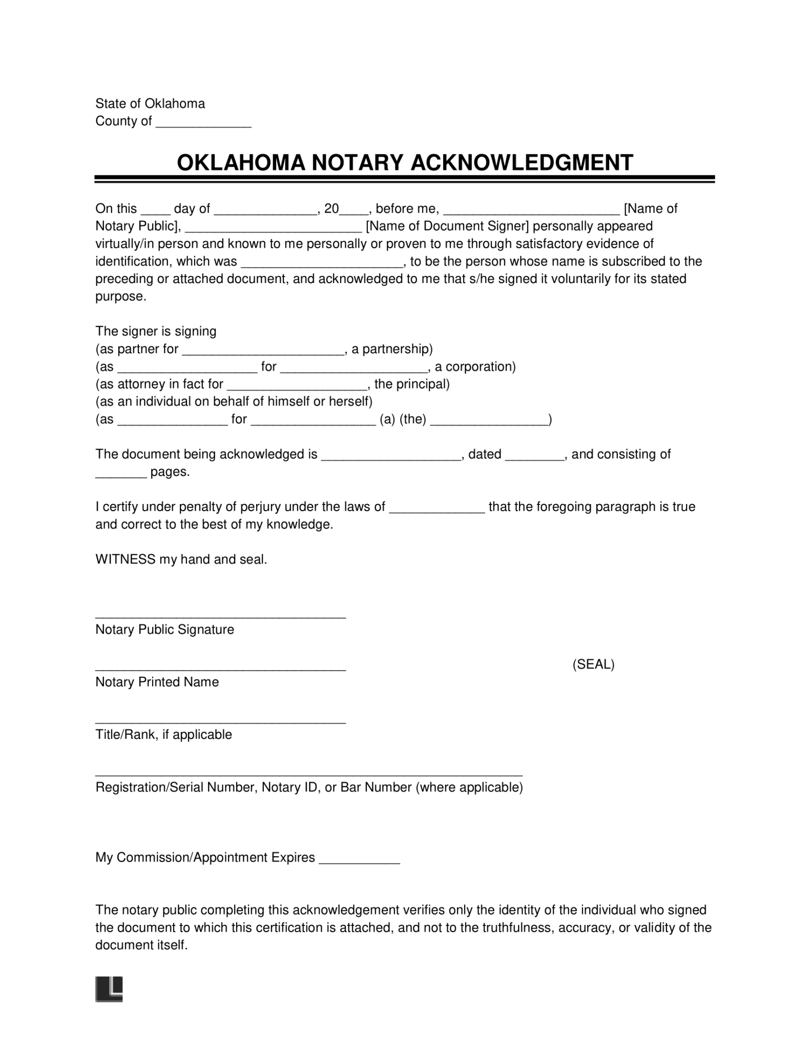 Free Oklahoma Notary Acknowledgment Form Pdf And Word