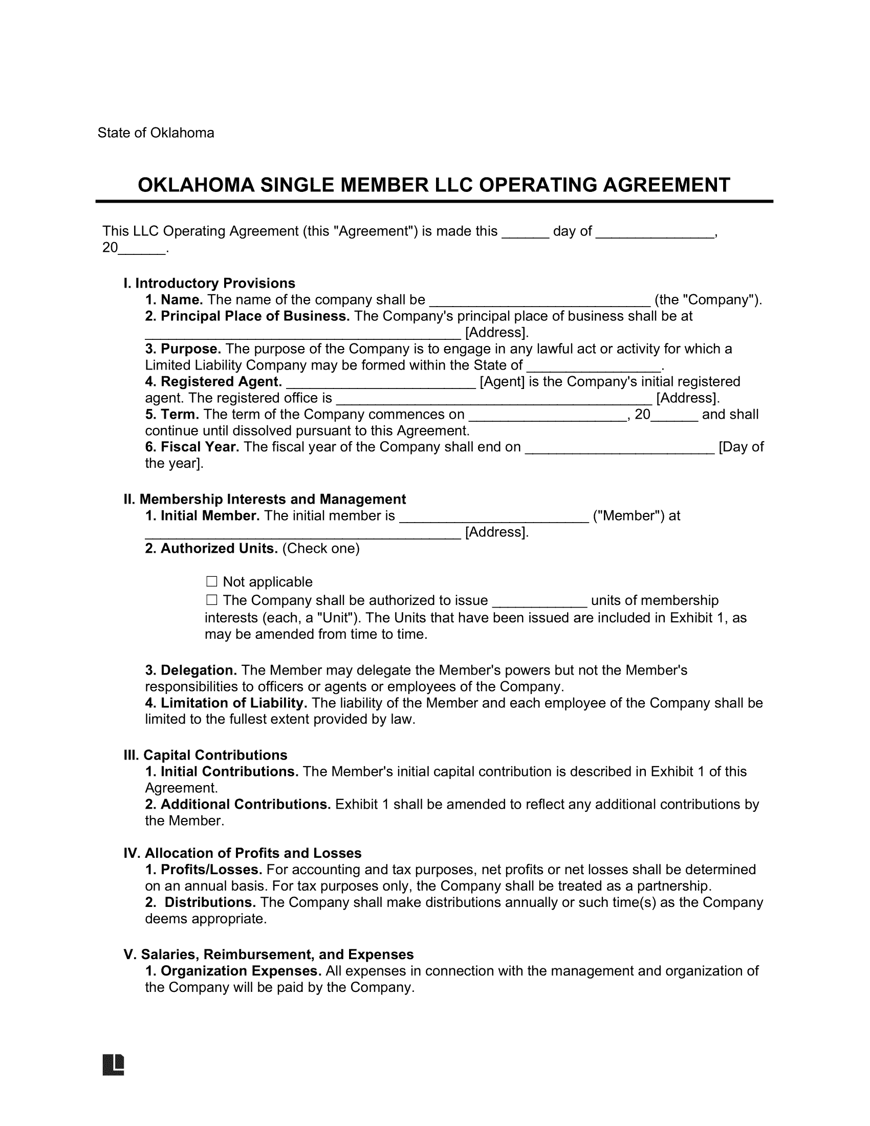 Oklahoma Single Member LLC Operating Agreement Form