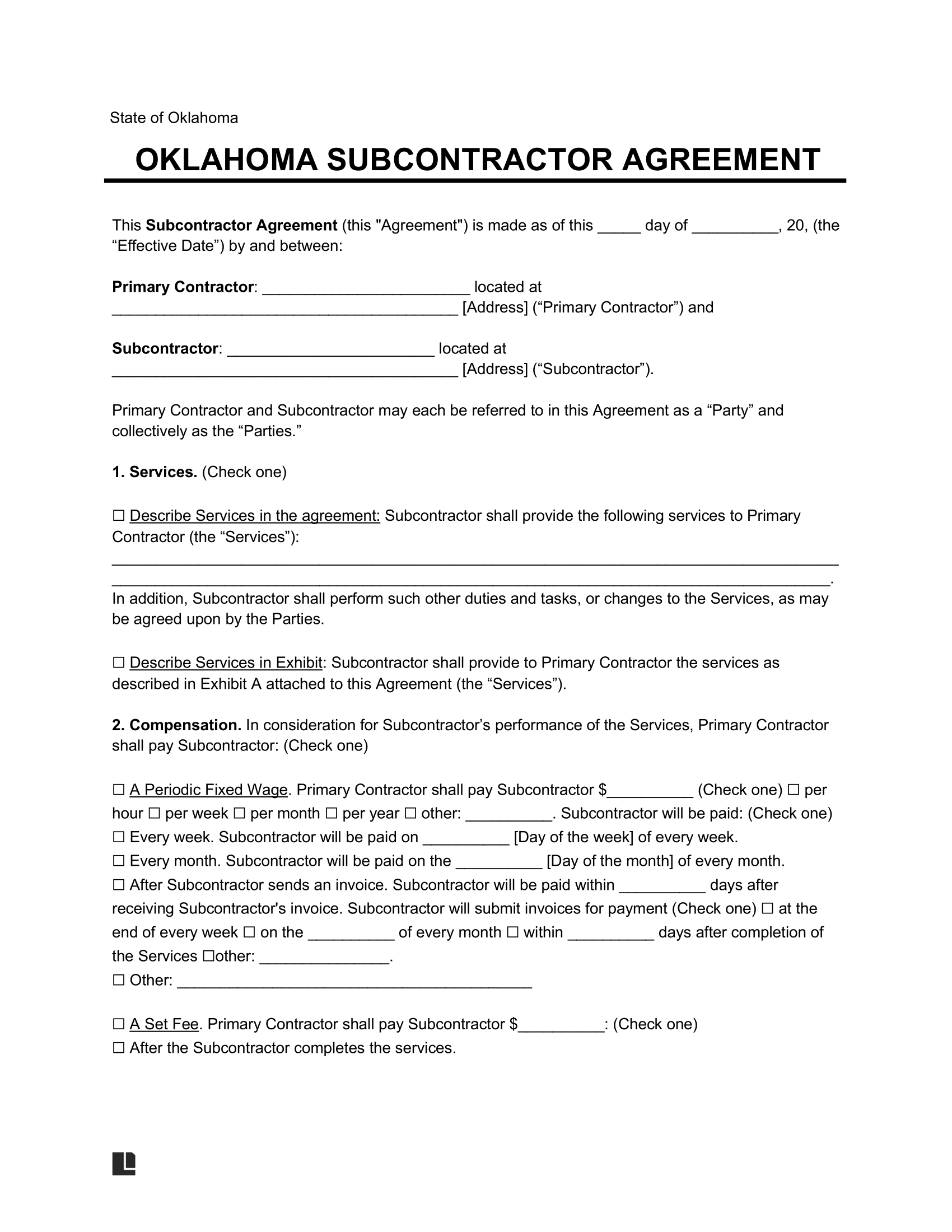 Oklahoma Subcontractor Agreement Sample