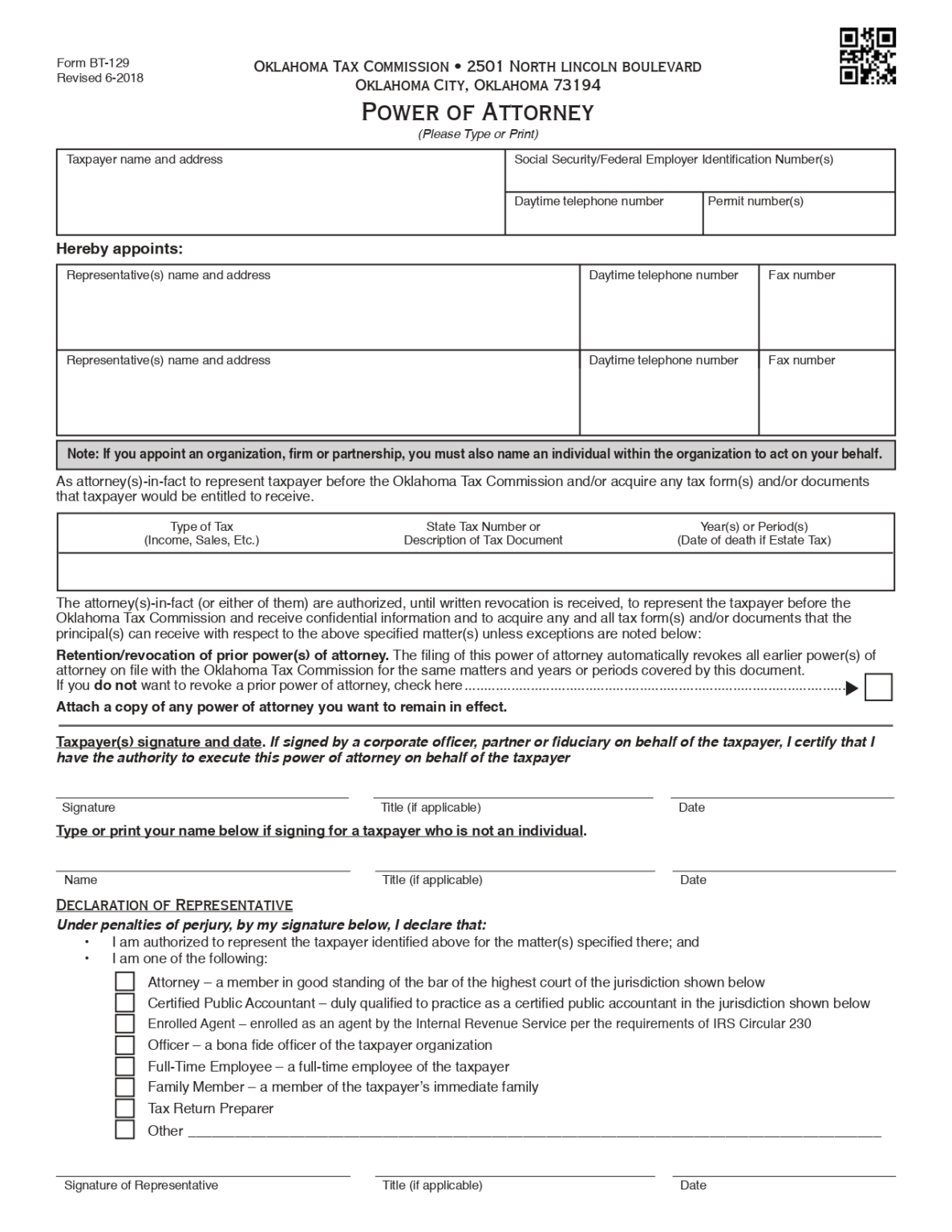 Free Oklahoma Tax Power of Attorney | Form BT-129 - PDF