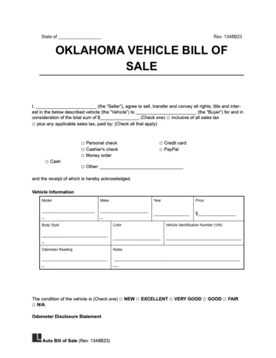 Oklahoma vehicle bill of sale