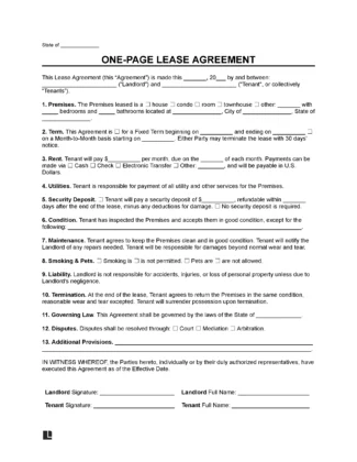 One Page Lease Agreement Form