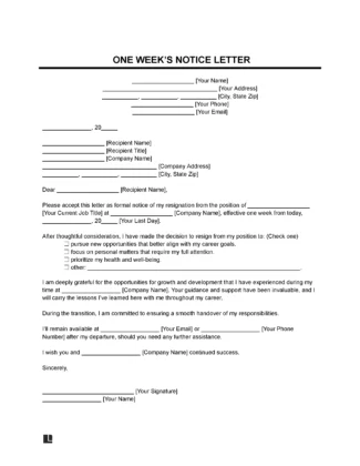 One Week's Notice Letter Template