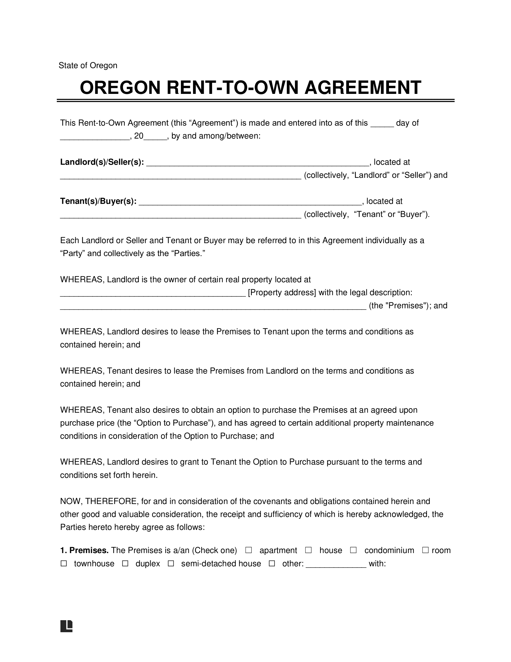 Oregon Lease-to-Own Option to Purchase-Agreement