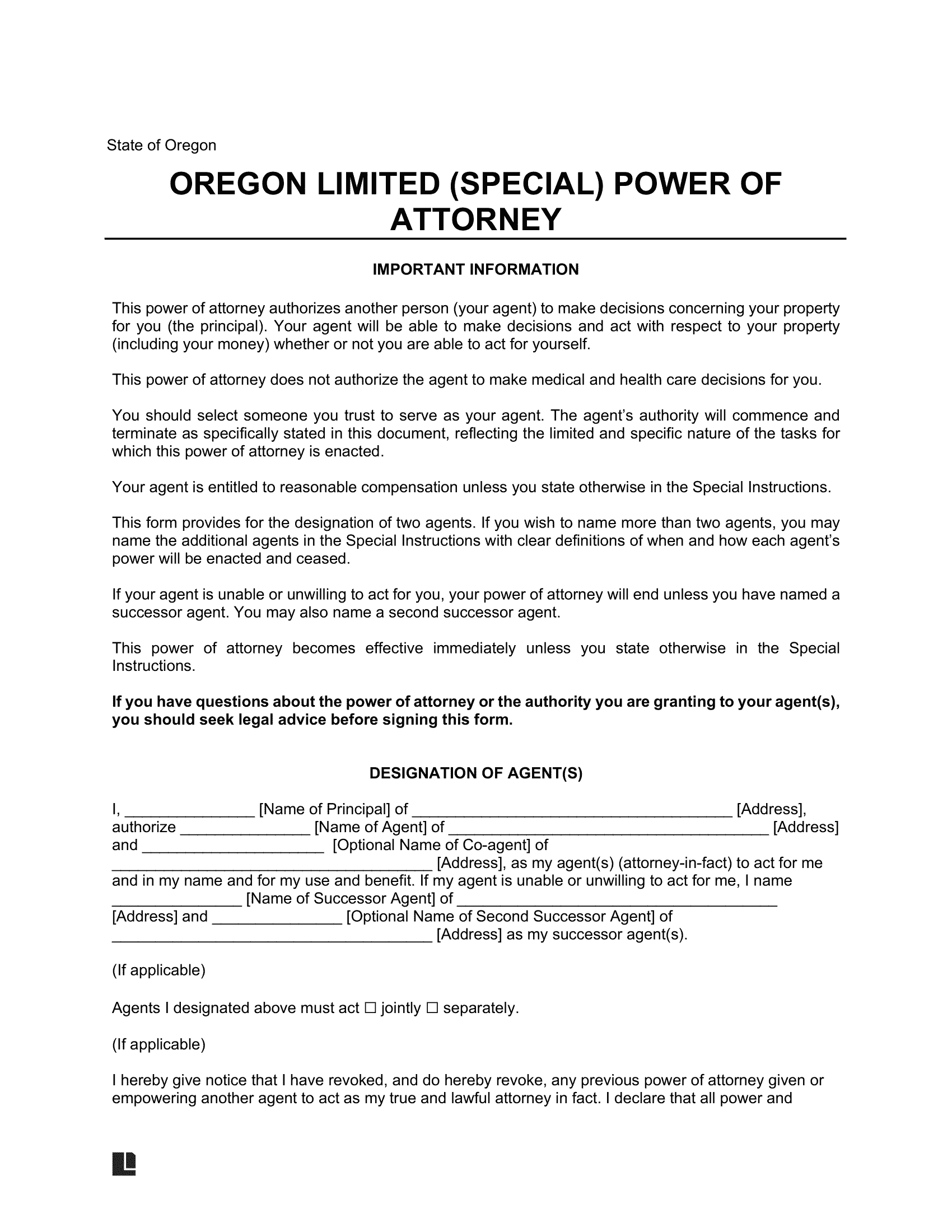 Oregon Limited Power of Attorney Template