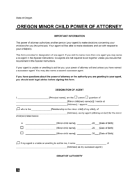 Oregon Minor Child Power of Attorney Form