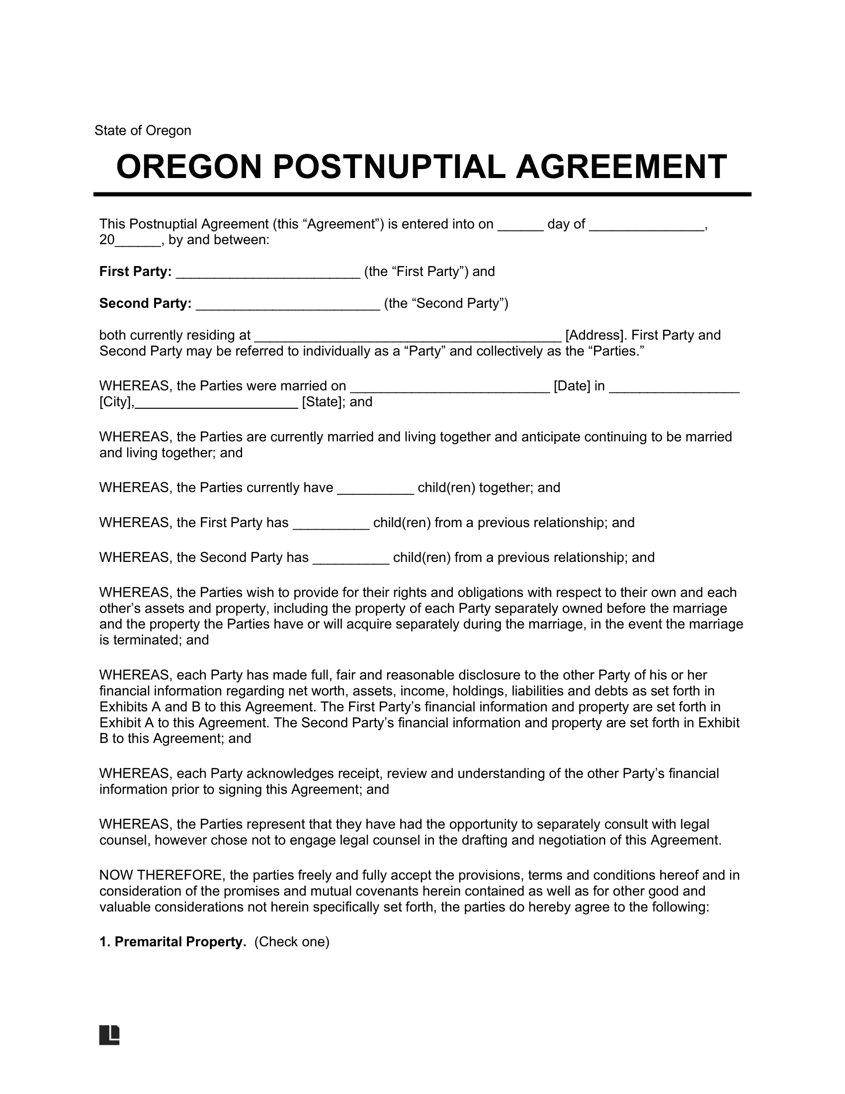 Oregon Postnuptial Agreement Template