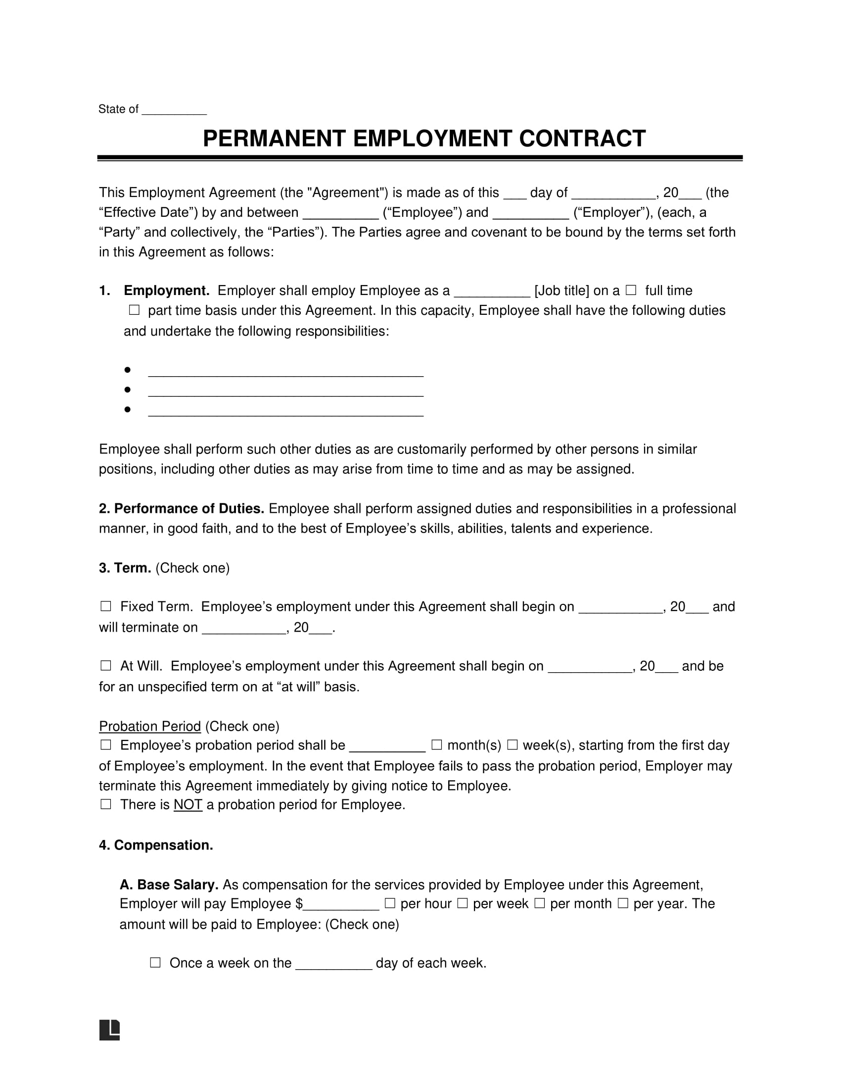 Permanent employment contract template