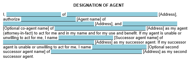 An example of the Designation of Agent section in our POA template. 