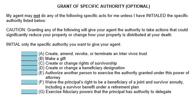 An example of the Grant of Specific Authority section in our POA template. 