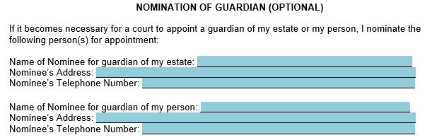 An example of the Nomination of Guardian section in our template. 