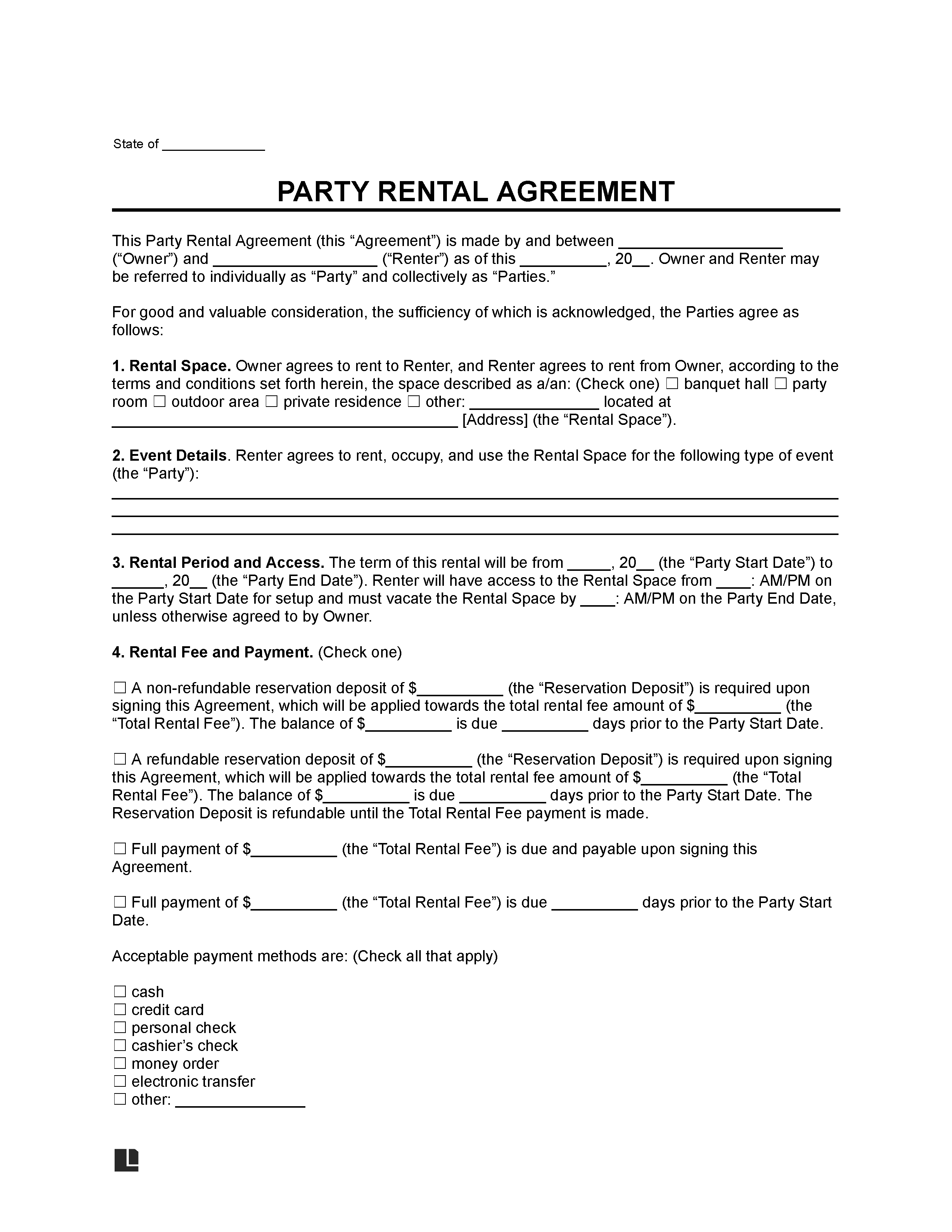 Party Rental Agreement Template