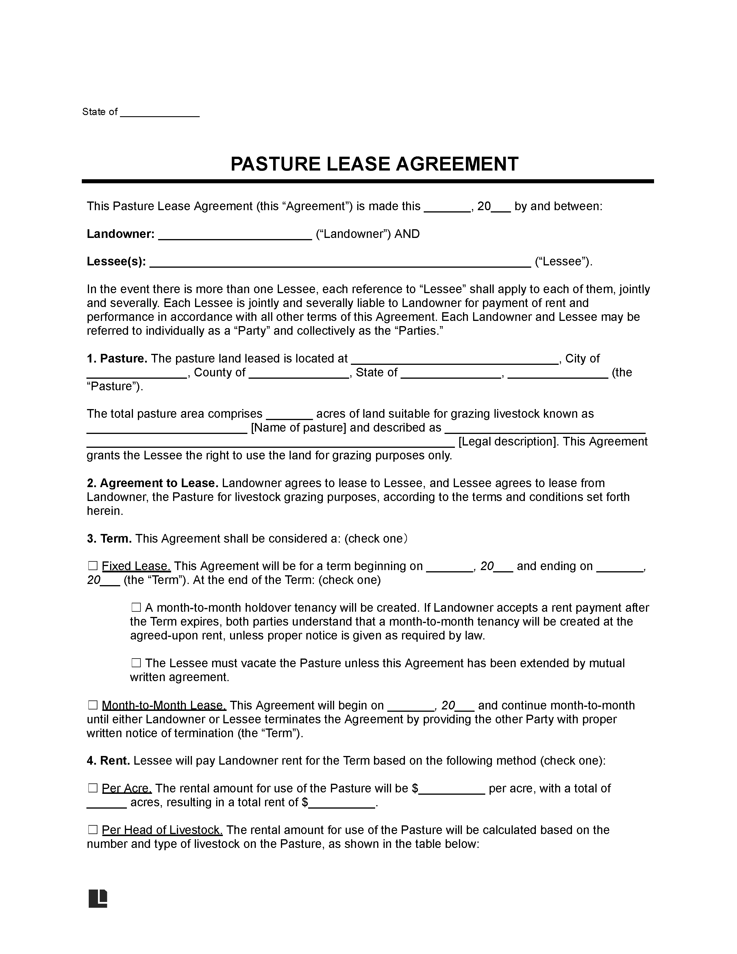 Pasture Lease Agreement