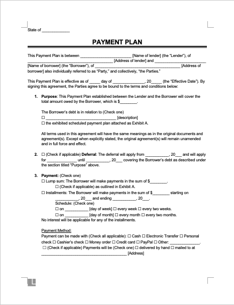 Payment plan agreement screenshot