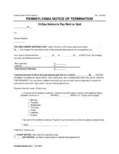 Pennsylvania 10-Day Notice to Quit | Non-Payment of Rent