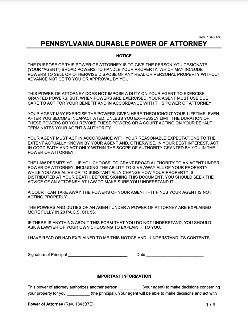 Pennsylvania Durable Power of Attorney 