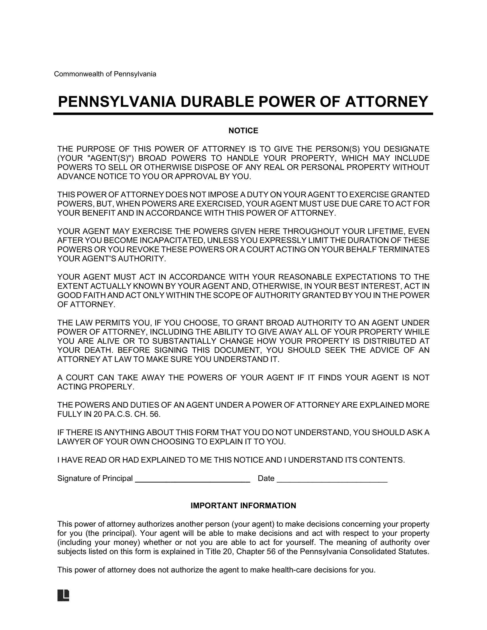 Pennsylvania Durable Power of Attorney Form