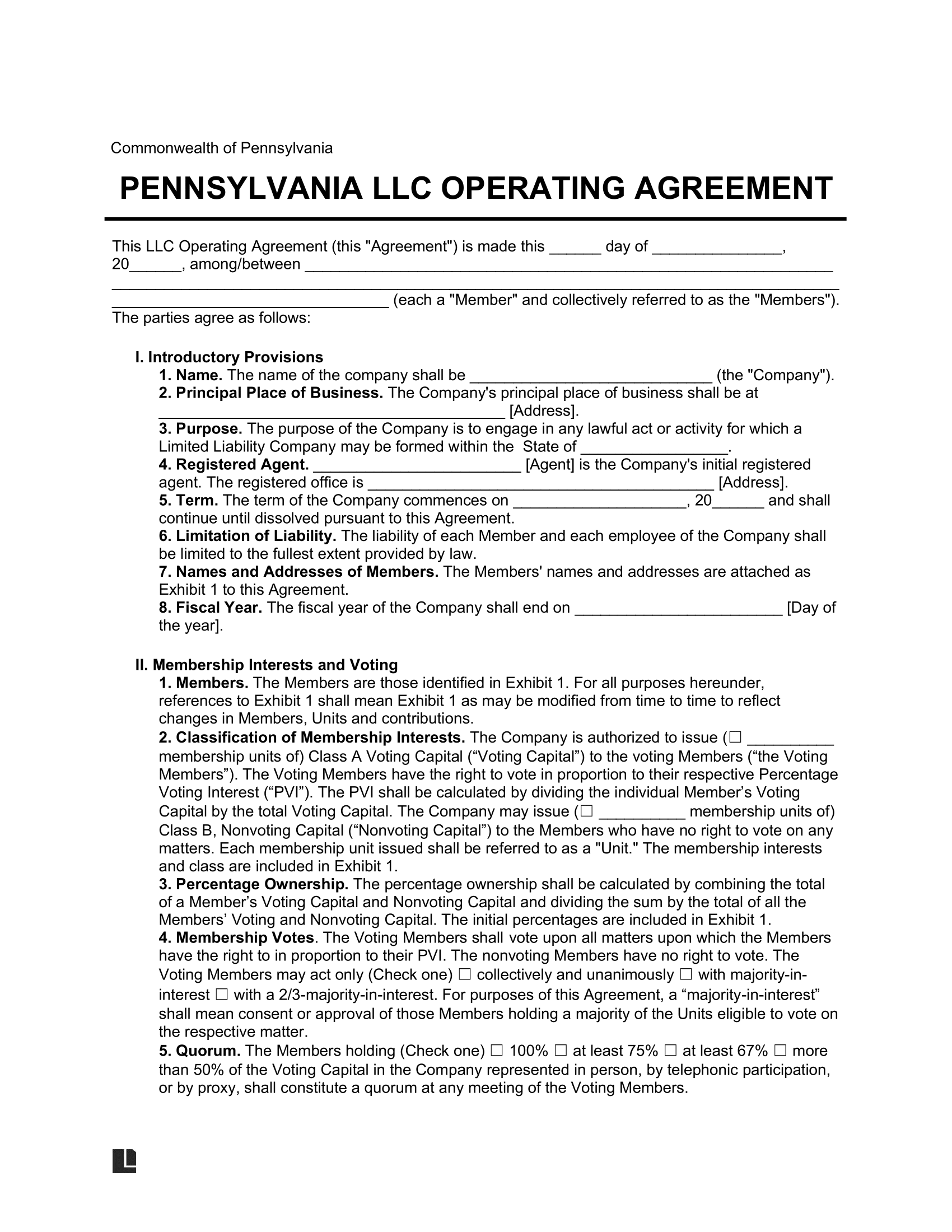 Pennsylvania LLC Operating Agreement Template
