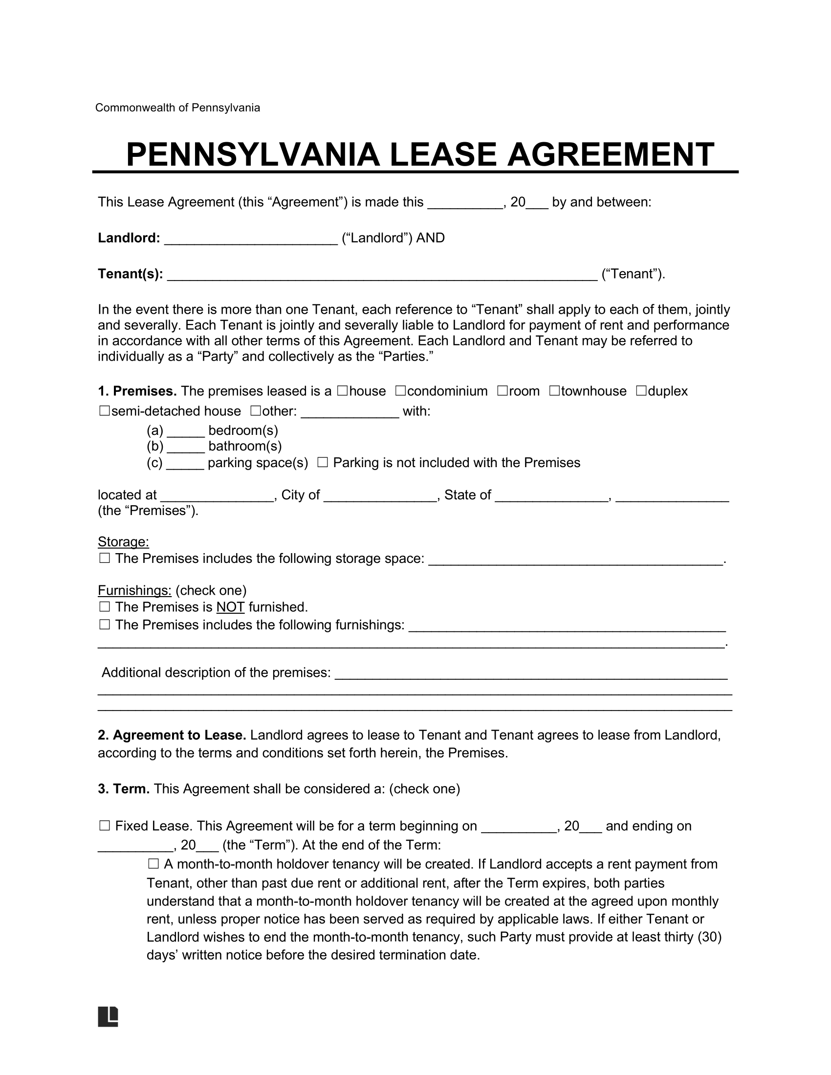 Pennsylvania Lease Agreement Template